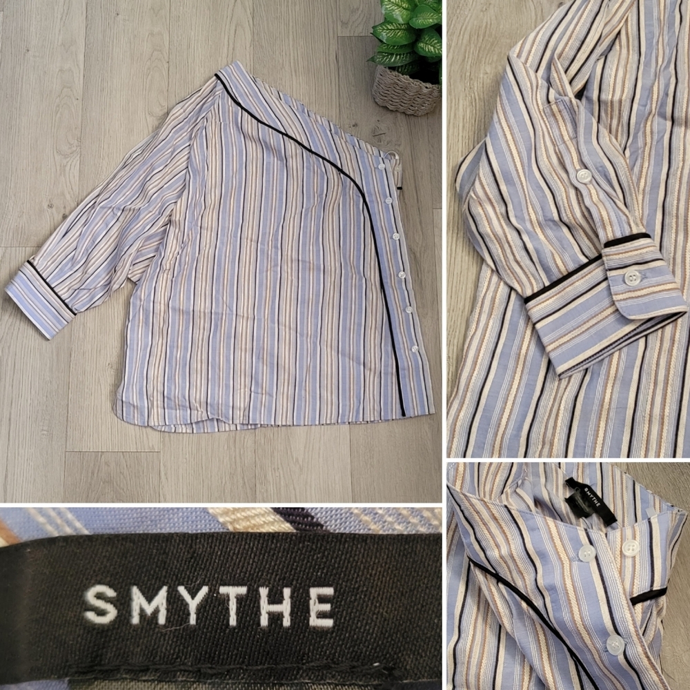Smythe Cold Shoulder Blue Variegated Striped One Sleeve Menswear Shirt, XS